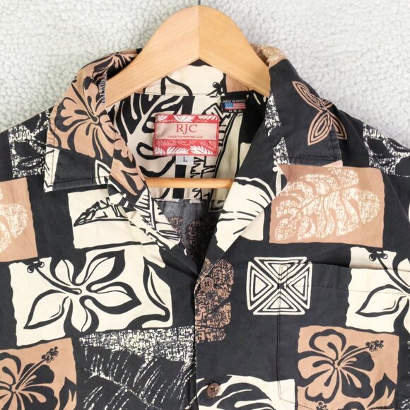 RJC Hawaiian Shirt Mens Large Black Brown Floral Geometric Button Up Cotton Camp - Picture 2 of 7